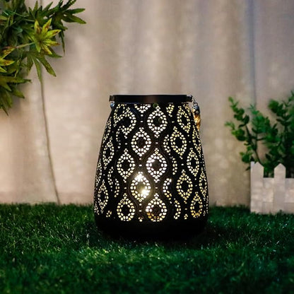 TRIROCKS Moroccan Style Metal Lamp 8''H Battery Operated Cordless Table Lamp Vintage Lantern for Living Room Garden Yard Patio Parties Event Indoors Outdoors (Black with Gold Brush)