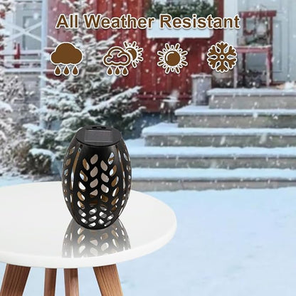 2PCS Solar Table Lanterns with Flickering Flame Light Outdoor Waterproof, Metal Desktop Decorative Lamp with Hollow Design for Tabletop Garden, 7.3" H Black Leaf
