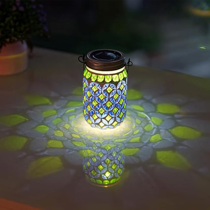 Stargarden 2 Pack Mosaic Solar Lantern , Outdoor Hanging Lantern Waterproof Table Lamp Mosaic Night Light for Tree, Garden, Patio, Yard, Outdoor(Blue Green)