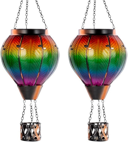 Starsoul 2PCS Hot Air Balloon Solar Lantern Colorful Solar Hot Air Balloon Lantern with Flame Light Waterproof Hanging Outdoor Lantern with Candle Holder for Patio Garden Yard Farmhouse Decor