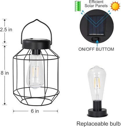Solar Lights Outdoor Waterproof,Solar Lantern 2 Pack,Metal Hanging Outdoor Lanterns,Handle with Edison Bulb Solar Powered Lights for Yard Garden Patio Porch Pathway Decor