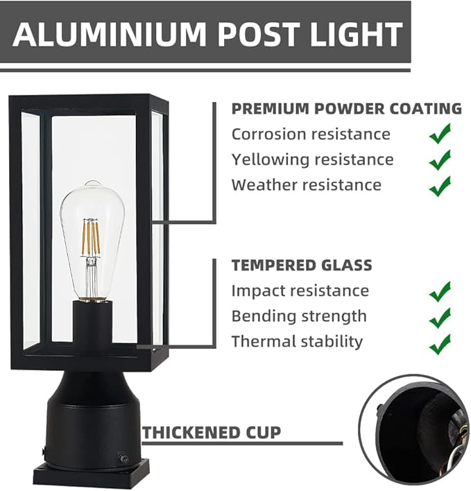 Outdoor Post Light,Waterproof Cast Aluminium Lamp Post Light Fixture,Post Lantern with Pier Mount Base,Matte Black,13.8'',Suitable for Garden,Yard or Driveway,etc