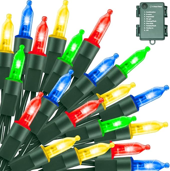 LAMPHOME Christmas Lights 2 Pack 18 Feet 50 LED Multicolor Mini String Light with 8 Modes Waterproof Tree for Xmas Outdoor Holiday Party Garden Decor, Multicolor