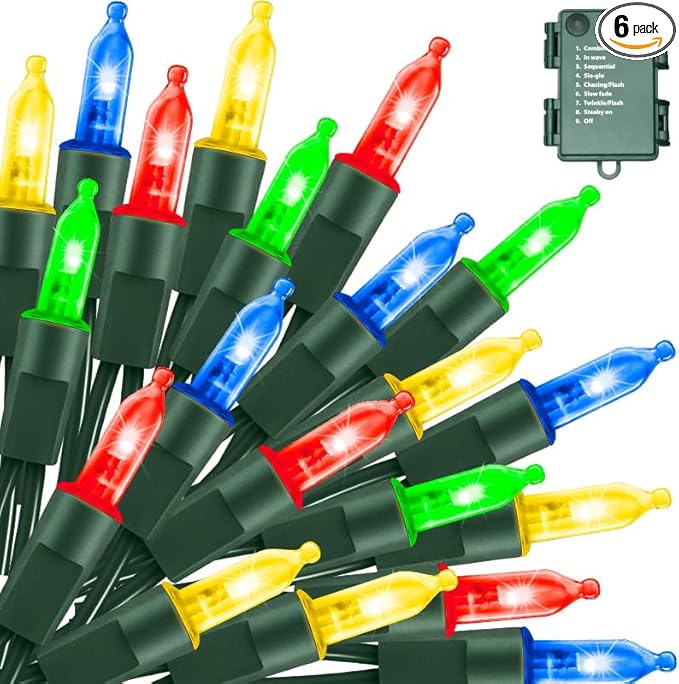 6-Pack Christmas LED String Lights, Waterproof Timer Lights