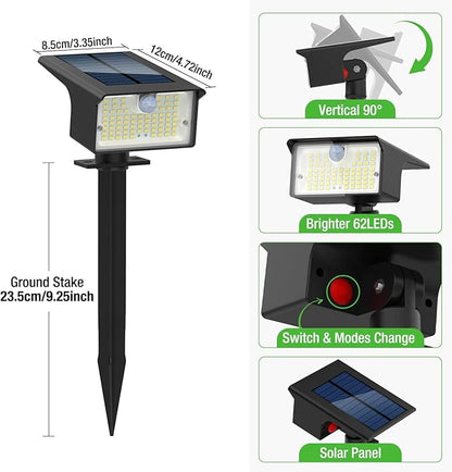Nipify Solar Spot Lights, 3 Modes 62LED Outdoor Motion Sensor, Waterproof 2-in-1 Solar Landscape Lighting LED Garden Lights for Outside Yard Wall Pathway Walkway, 1 Pack