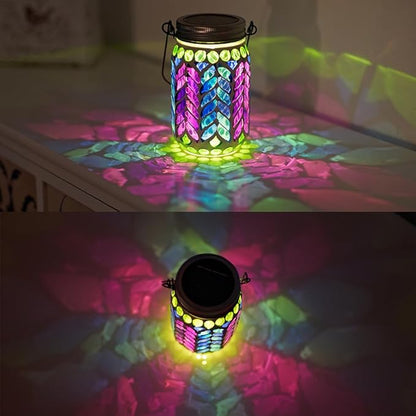 Stargarden 2 Pack Mosaic Solar Lantern ,Waterproof Outdoor Hanging Jar Lights, Mosaic Lights Solar Garden Decor for Patio Pathway Yard