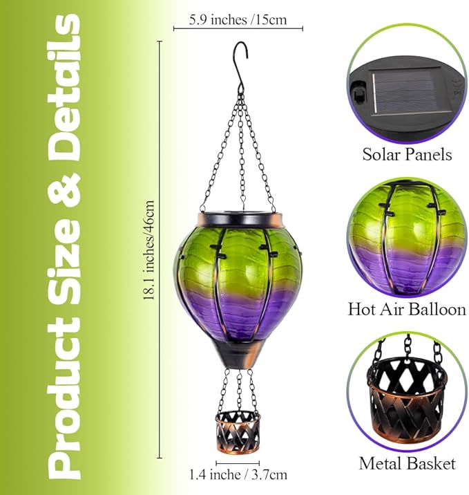 Gradient Hot Air Balloon Solar Lanterns Outdoor Waterproof,Gradient Glass Solar Hanging Hot Air Balloon Lantern with Flame Flickering Lights for Patio,Porch,Yard Decor