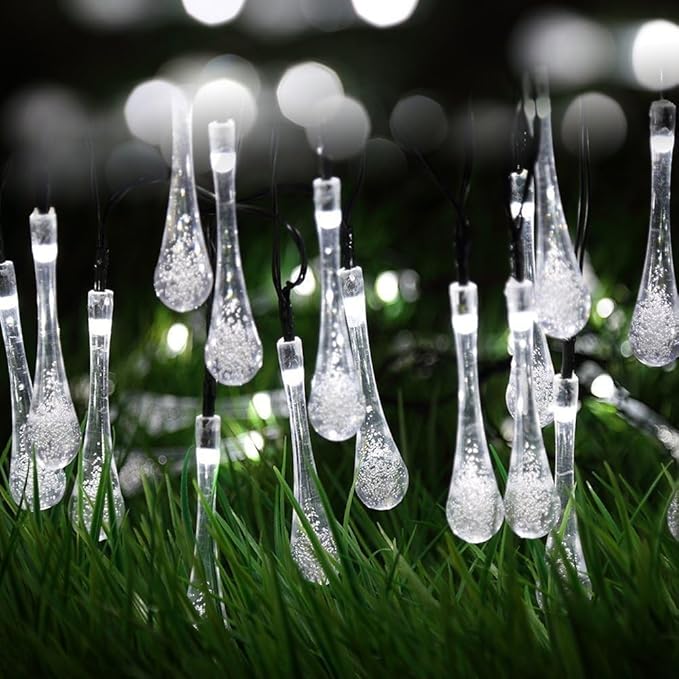 Solar String Light Outdoor Waterproof Solar Drop Lights,Water Drop Fairy Lights 13ft 20LEDs Solar Light with 8 Modes Solar Party Lights for Garden,Christmas Decorations (White)