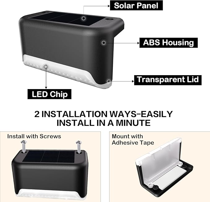 Solar Deck Lights Outdoor, 4Pcs Solar Step Lights, Waterproof LED Solar Lights for Outdoor Stairs, Step, Fence, Yard, Patio, Railing, Garden and Pathway