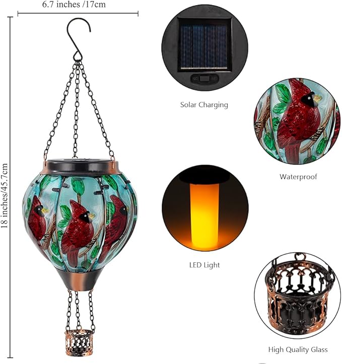 2 PCS Cardinal Hot Air Balloon Solar Lantern with Flickering Flame Light,Glass Hanging Solar Lights Outdoor Waterproof for Patio Yard Party Gift Decor