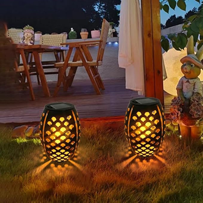 2PCS Solar Table Lanterns with Flickering Flame Light Outdoor Waterproof, Metal Desktop Decorative Lamp with Hollow Design for Tabletop Garden, 7.3" H Black Shell
