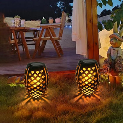 2PCS Solar Table Lanterns with Flickering Flame Light Outdoor Waterproof, Metal Desktop Decorative Lamp with Hollow Design for Tabletop Garden, 7.3" H Black Shell