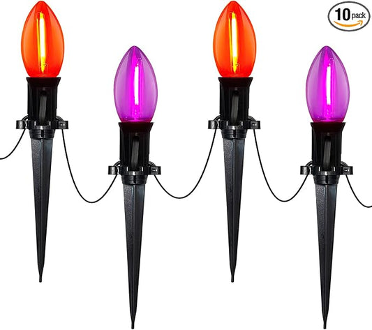 Halloween Pathway Lights Outdoor, 19.5Ft Orange Purple Halloween String Lights with 10 C9 LED Bulbs and Stakes, Connectable Outdoor Waterproof Marker Stake Lights for Halloweens Path Yard Lawn, Garden
