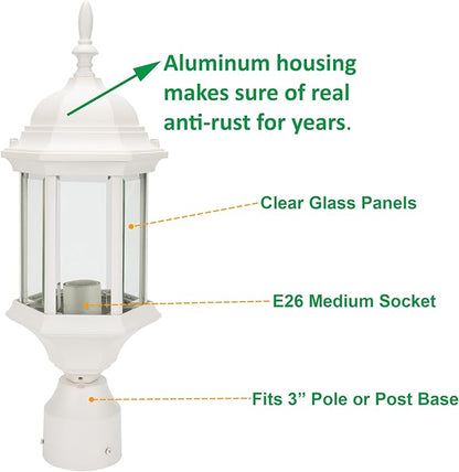 LIT-PaTH Outdoor Post Lighting Fixture Pole Lantern, E26 Medium Base Max 60W, Aluminum Housing Plus Glass, 2-Pack, White Finish