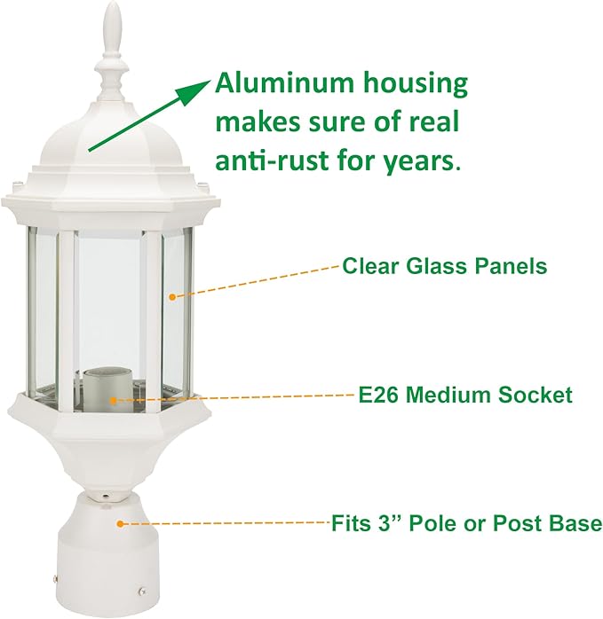 LIT-PaTH Outdoor Post Lighting Fixture Pole Lantern, E26 Medium Base Max 60W, Aluminum Housing Plus Glass, 1-Pack, White Finish