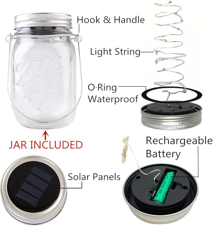 4-Pack Solar-powered Mason Jar Lights (Mason Jar / Handle Included),20 Bulbs Jar Hanging Light,Garden Outdoor Solar / Hanging Lantern,Decor Solar Light,Table Light,Patio Path Light,Warm White