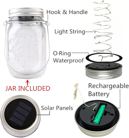 4-Pack Solar-powered Mason Jar Lights (Mason Jar / Handle Included),20 Bulbs Jar Hanging Light,Garden Outdoor Solar / Hanging Lantern,Decor Solar Light,Table Light,Patio Path Light,Warm White