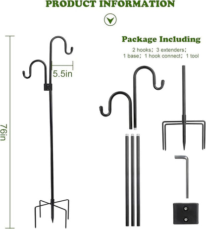 Shephard Hooks Outdoor 76 Inches for Lanterns Double Hooks Heavy Duty Shepherd Stand Plant Hanger Yard Hooks for Solar Lights,Bird Feeder Wedding Adjustable Height&Hooks Powder Coated