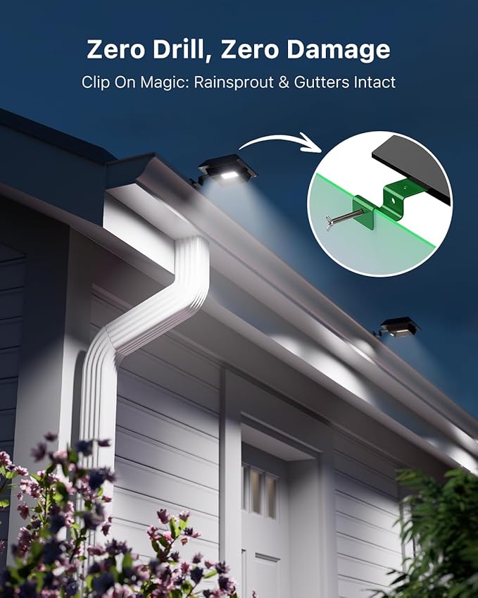 8 Pack Solar Powered Gutter Lights Outdoor Waterproof 12 LED Clip On Gutters Light for Eave, Roof, Rainspout, Fence, Railing, Wall, Garage, House Porch, Deack, Yard, No Damage Installation(Cool White)