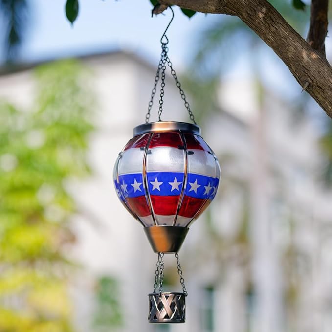 DREAMSOUL 2 PCS Flag Solar Hot Air Balloon Lantern with Flame, Hanging Waterproof Solar Lanterns Outdoor Waterproof Flag Day for Patio Garden Decor, Fourth of July Decorations