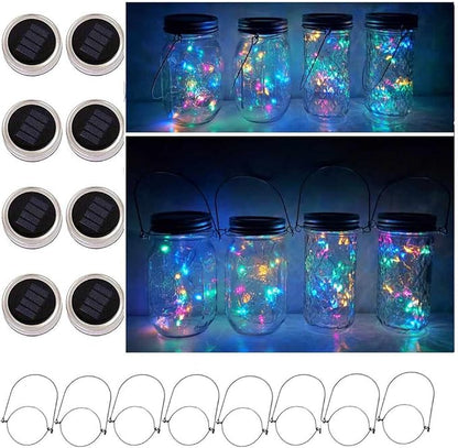 Solar Mason Jar Lid Lights, 8 Pack 20 LED Waterproof Fairy Star Firefly String Lights with (8 Hangers Included,Jars Not Included), for Mason Jar Table Garden Wedding Party Decor (4 Colors)