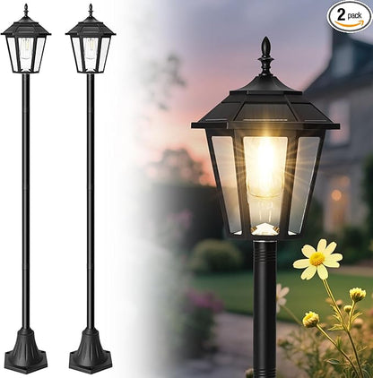 66" Metal Solar Lamp Post Light 50 Lumens, 2 Pack Solar Pole Light Outdoor Waterproof, Post Lighting Outside for Porch Yard Driveway Garden Patio Decor