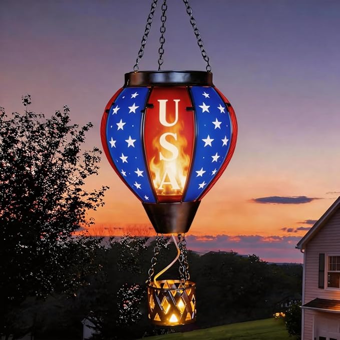 Larekook Solar Hot Air Balloon - Solar Lanterns Outdoor Hanging Waterproof for Garden Yard Patio Farmhouse Decoration，Stained Glass Flag Word