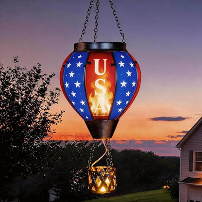 Larekook Solar Hot Air Balloon - Solar Lanterns Outdoor Hanging Waterproof for Garden Yard Patio Farmhouse Decoration，Stained Glass Flag Word