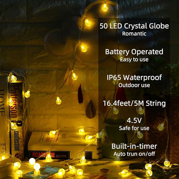 Metaku Globe String Lights Fairy Lights Battery Operated 16.4ft 50LED String Lights with Remote Waterproof Indoor Outdoor Hanging Lights Decorative Christmas Lights for Home Party Patio Garden Wedding