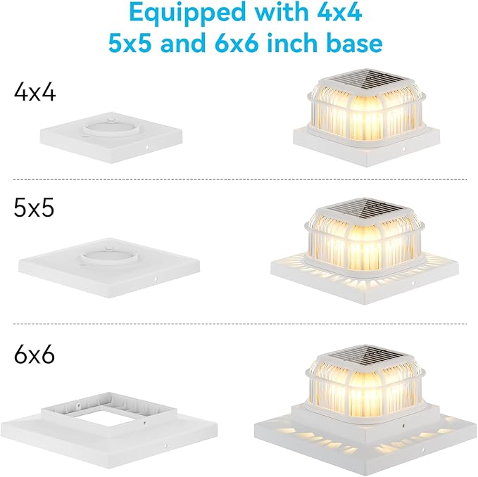 Solar Post Light 6 Packs with 4x4, 5x5 and 6x6 Inches Base for Vinyl/Wooden Posts, Bright 16 LEDs Solar Cap Lights with Two Light Modes for Decorating Deck, Patio, Porch, Fence (White)