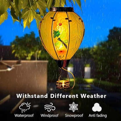Starsoul Large Solar Hot Air Balloon Lantern with Flame Dragonfly Glass Hanging Outdoor Hot Air Balloon Solar Light Waterproof Garden Patio Yard Party Decorations
