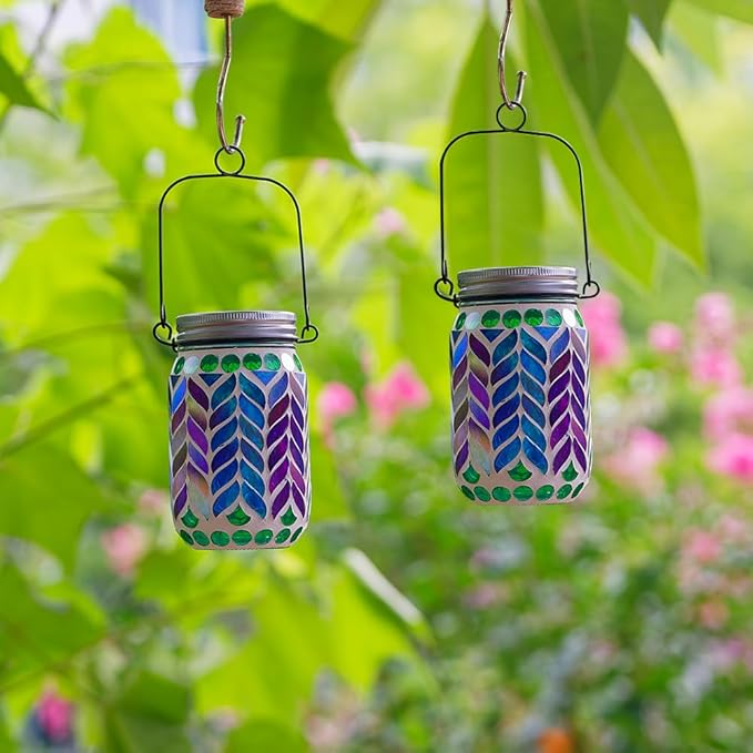 Stargarden 2 Pack Mosaic Solar Lantern ,Waterproof Outdoor Hanging Jar Lights, Mosaic Lights Solar Garden Decor for Patio Pathway Yard