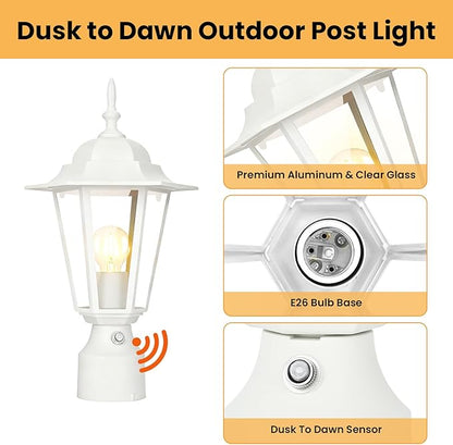 15" Dusk to Dawn Outdoor Post Light, Modern White Outdoor Lamp Post Light Fixture, Lamp Posts Exterior Lighting Pole Lantern for Outside Porch Garage Street, Waterproof Aluminum & Glass, 1 Pack, E26