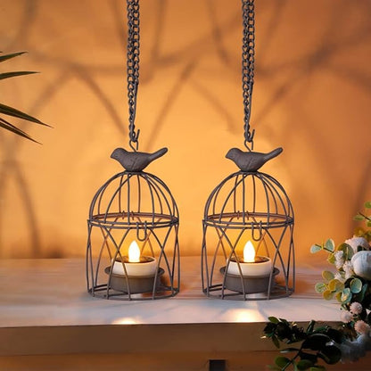 Solar Lanterns Outdoor Waterproof, Rust Iron Cage Candle Holder with Flickering Solar Powered Tea Lights, Hanging Solar Lights for Outside Tree Backyard Patio Garden Fence Decoration-4Pack