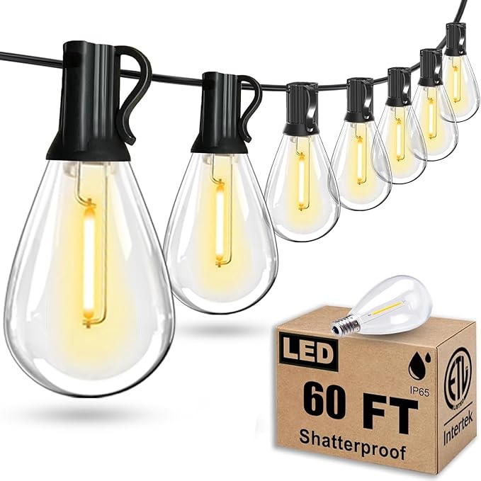 60ft LED Patio String Lights, Waterproof Outdoor