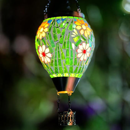 Mosica Hot Air Balloon Solar Lantern, Flower Pattern Glass Hanging Solars Lanterns Outdoor Waterproof Decorative Solar Light for Garden, Yard, Patio Decor