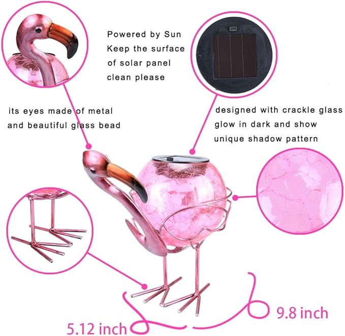 MUMTOP Flamingo Solar Light Outdoor Garden Decor, Solar Flamingo with Crackle Glass Globe Waterproof Tabletop Decorative Lights for Outside Patio Yard Decorations