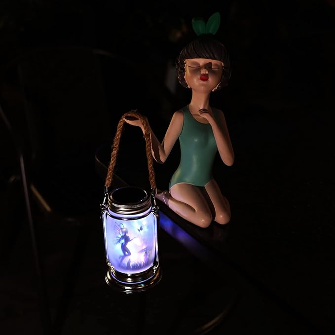 2 Pack Solar Fairy Lantern for Garden Decorations -Gifts for Mom Women Grandma Birthday Outdoor Ornaments Decorations Hanging Lamp Frosted Glass Jar with Stake for Yard Patio Lawn