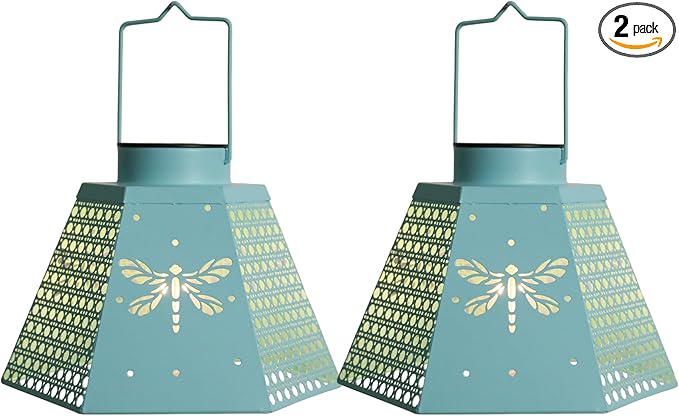 Outdoor Solar Lanterns Waterproof Hanging Solar Metal Lantern 9.5" Dragonfly LED Lantern Yard Art Decor for Yard, Patio, Hallway, Birthday Mothers' Day Gifts (2Pack, Blue)