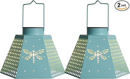 Outdoor Solar Lanterns Waterproof Hanging Solar Metal Lantern 9.5" Dragonfly LED Lantern Yard Art Decor for Yard, Patio, Hallway, Birthday Mothers' Day Gifts (2Pack, Blue)