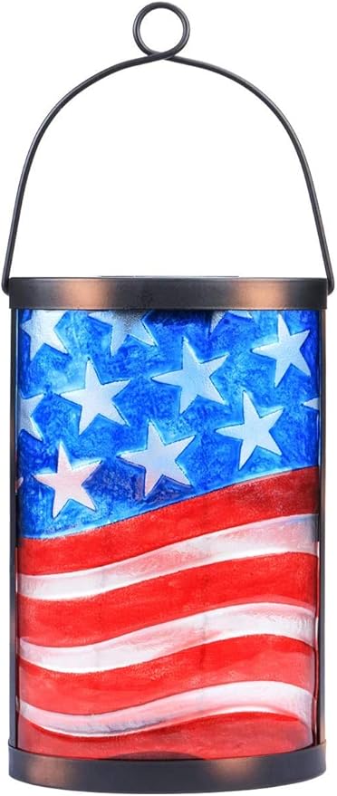 Afirst Solar Lantern Outdoor Hanging Glass Solar American Flag Lights Waterproof Led Lamp for Garden Yard Tree Desk Decor