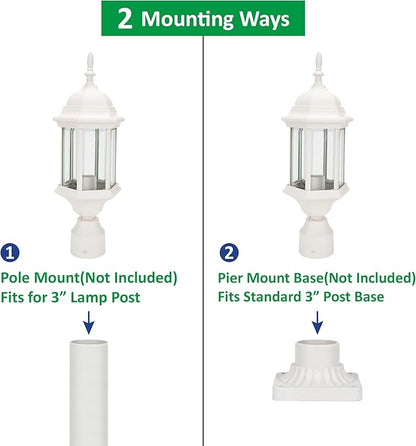LIT-PaTH Outdoor Post Lighting Fixture Pole Lantern, E26 Medium Base Max 60W, Aluminum Housing Plus Glass, 1-Pack, White Finish