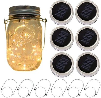6-Pack Solar-powered Mason Jar Lights 20 LEDs (6 Hanger Included / No Jar),Warm White Glass Waterproof Fairy Hanging Lighting,Outdoor String Lids for Regular Mouth Jars for Patio Lamp Decor