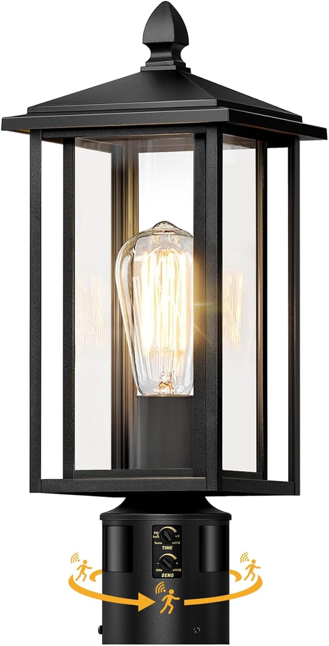 17" Motion Sensor Outdoor Post Lights, Dusk to Dawn Lamp Post Light Fixture with Tempered Glass, Waterproof Aluminum Pole Lights Outdoor, Outside Lamp Posts Outdoor Lighting for Garden Yard Pathway