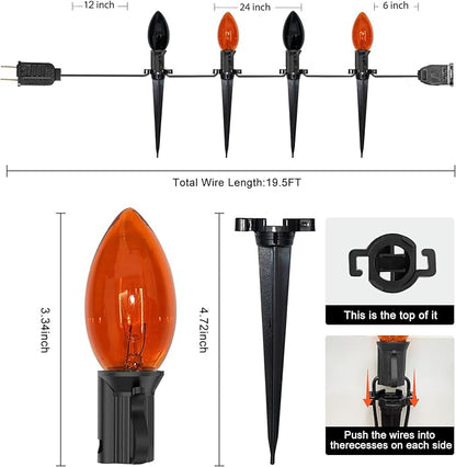 C9 Halloween Pathway Lights Outdoor, 19.5Ft Halloween Decorations Pathway String Lights with 10 C9 Orange and Black Stakes Lights for Walkway Yard Lawn Garden Sidewalk
