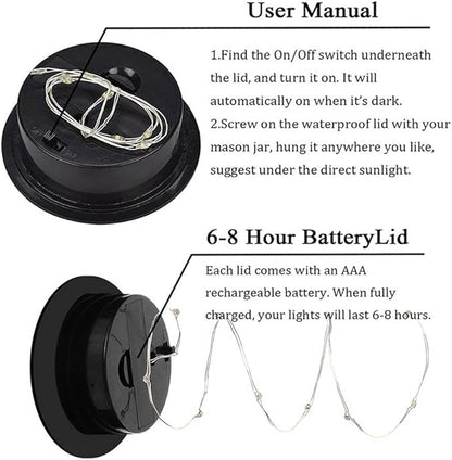 Miaro 6 Pack Mason Jar Lights, 20 LED Solar Cold White Fairy String Lights Lids Insert for Garden Deck Patio Party Wedding Christmas Decorative Lighting Fit for Regular Mouth Jars