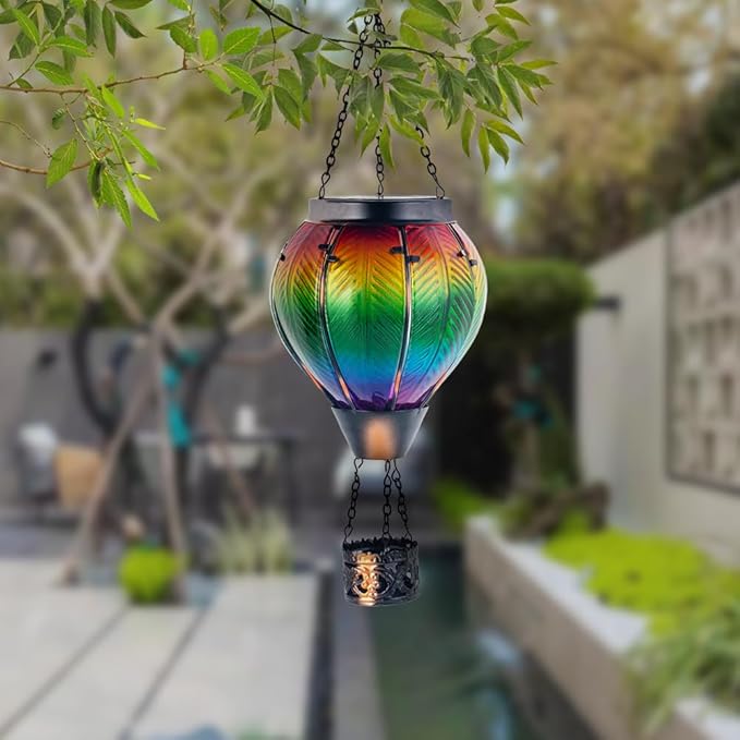 Starsoul Hot Air Balloon Solar Lantern with Flickering Flame Light Colorful Glass Hot Air Balloon Solar Light Waterproof Outdoor Hanging Solar Lantern for Yard Garden Patio Farmhouse Decor
