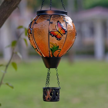 Starsoul Butterfly Hot Air Balloon Solar Lantern with Flickering Flame Light Glass Solar Powered Hot Air Balloon Lamp Waterproof Hanging Outdoor Solar Lantern for Yard Porch Backyard Decor