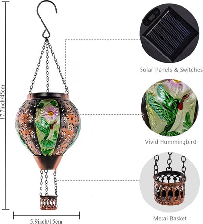 DREAMSOUL Hummingbird Hot Air Balloon Solar Lantern, Metal & Glass Flickering Flame Light Solar Lantern, Hanging Waterproof Solar Lanterns Outdoor for Garden Patio Tree Decoration
