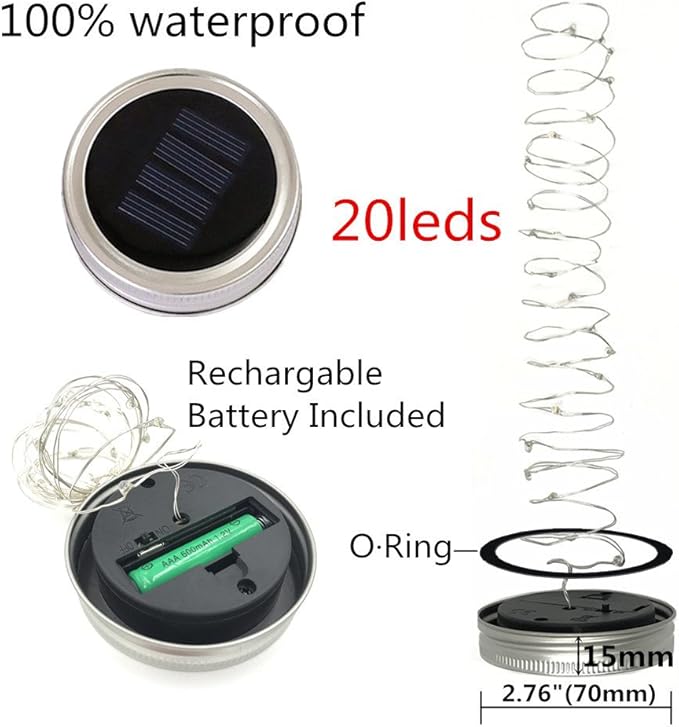 6-Pack Solar-powered Mason Jar Lights 20 LEDs (6 Hanger Included / No Jar),Warm White Glass Waterproof Fairy Hanging Lighting,Outdoor String Lids for Regular Mouth Jars for Patio Lamp Decor